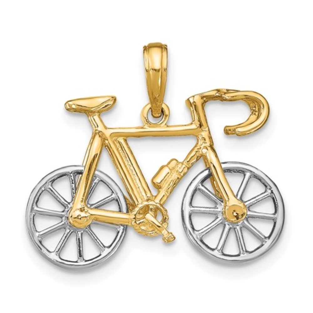 14k Two-tone Yellow & White Gold 3D Ten Speed Bike Bicycle Movable Tires Charm